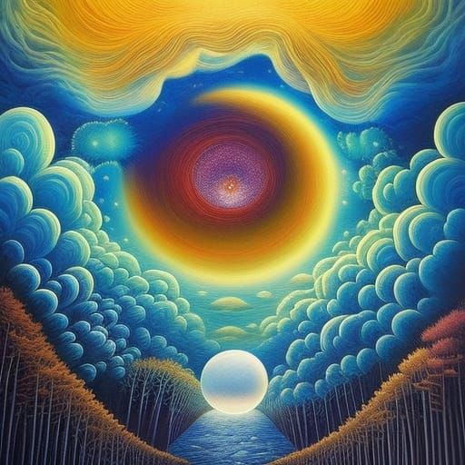 Surreal Woman in Sun and Moon Clouds, Digital Art