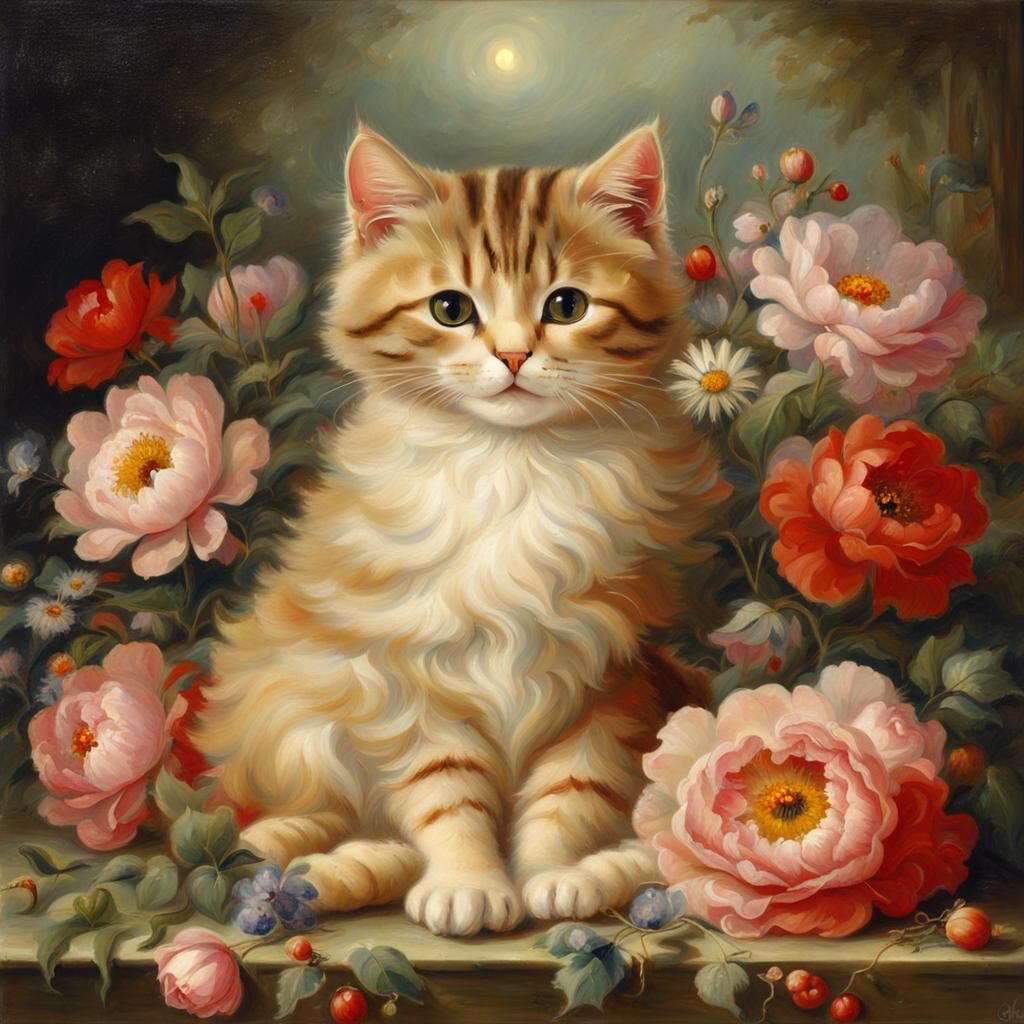 Cat with Flowers and Heart Lights