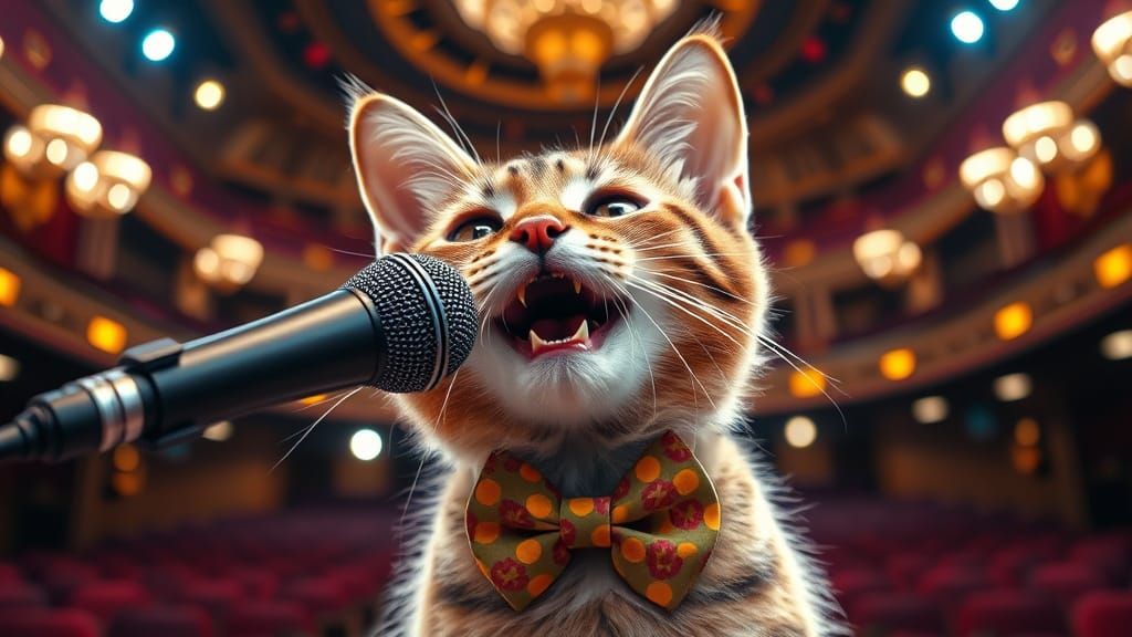 Whimsical Cat Sings in Grand Hall: 3D Acrylic Art