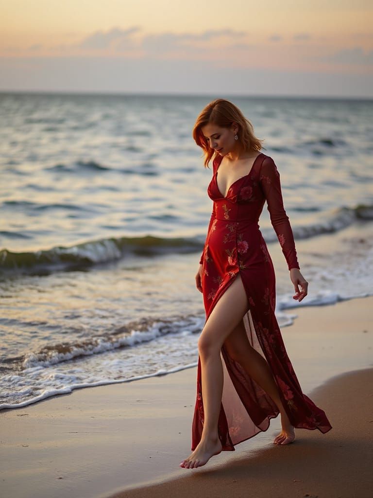 Ginger Woman in Red Gown on Beach at Sunset