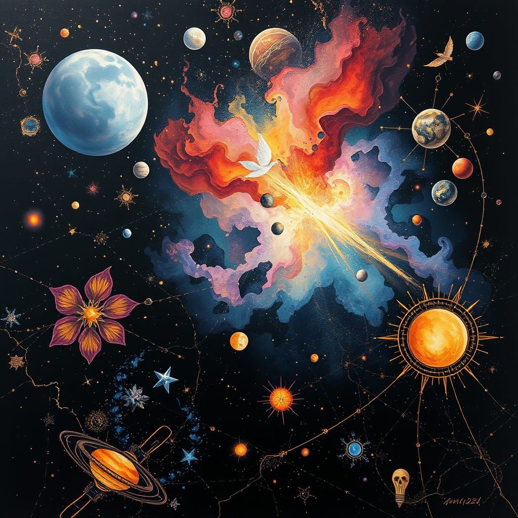 Mystical Cosmic Scene with Gold Accents and Watercolour Text...