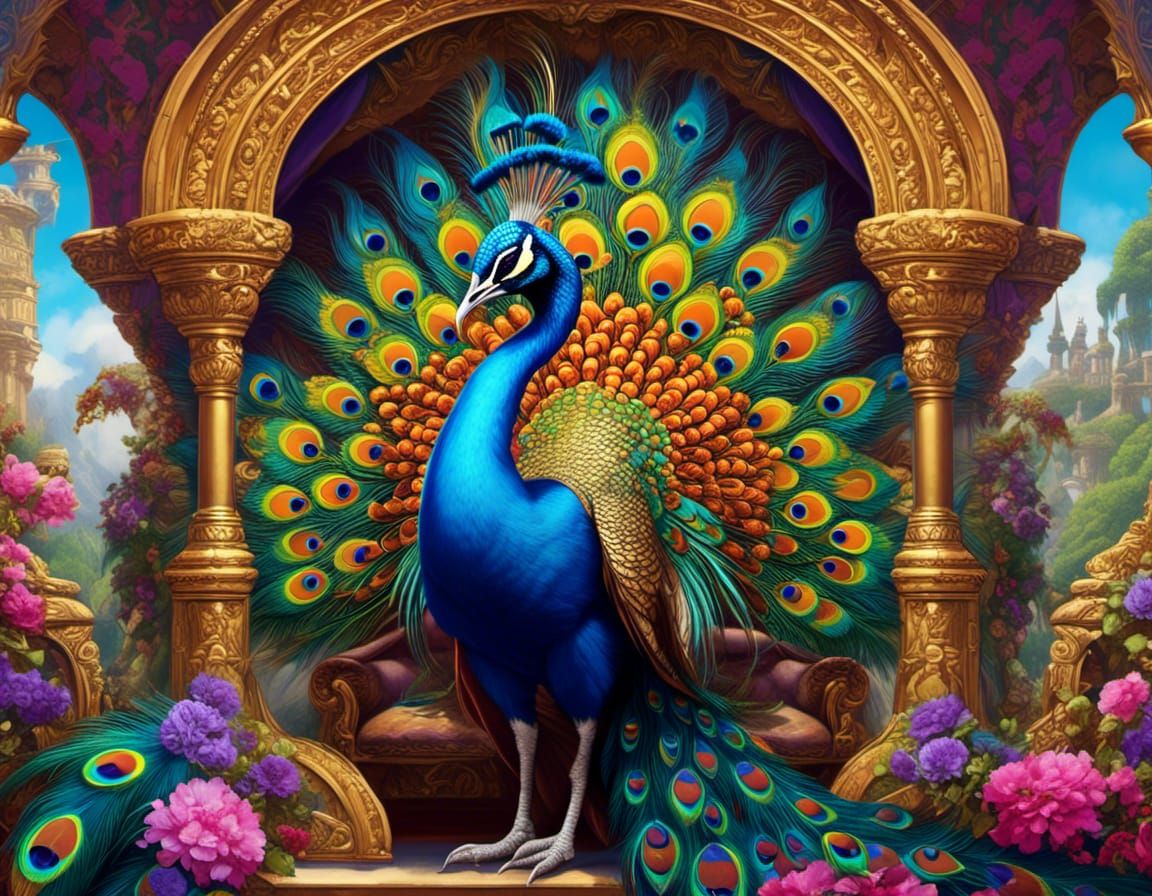Anthro Peacock Paints Rainbow in Fantasy Alhambra