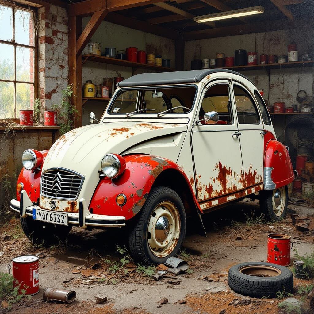 Abandoned Citroën 2 CV in Rusty Workshop - Oil Painting