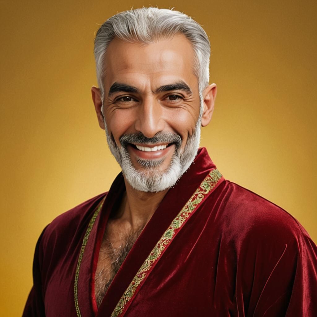 Joyful Man in Red Velvet Robe Portrait