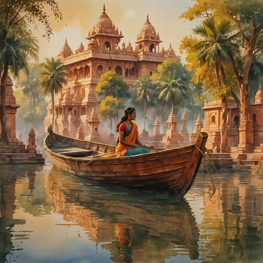 Girl on Boat Gazing at Ayodhya Temple, Watercolor