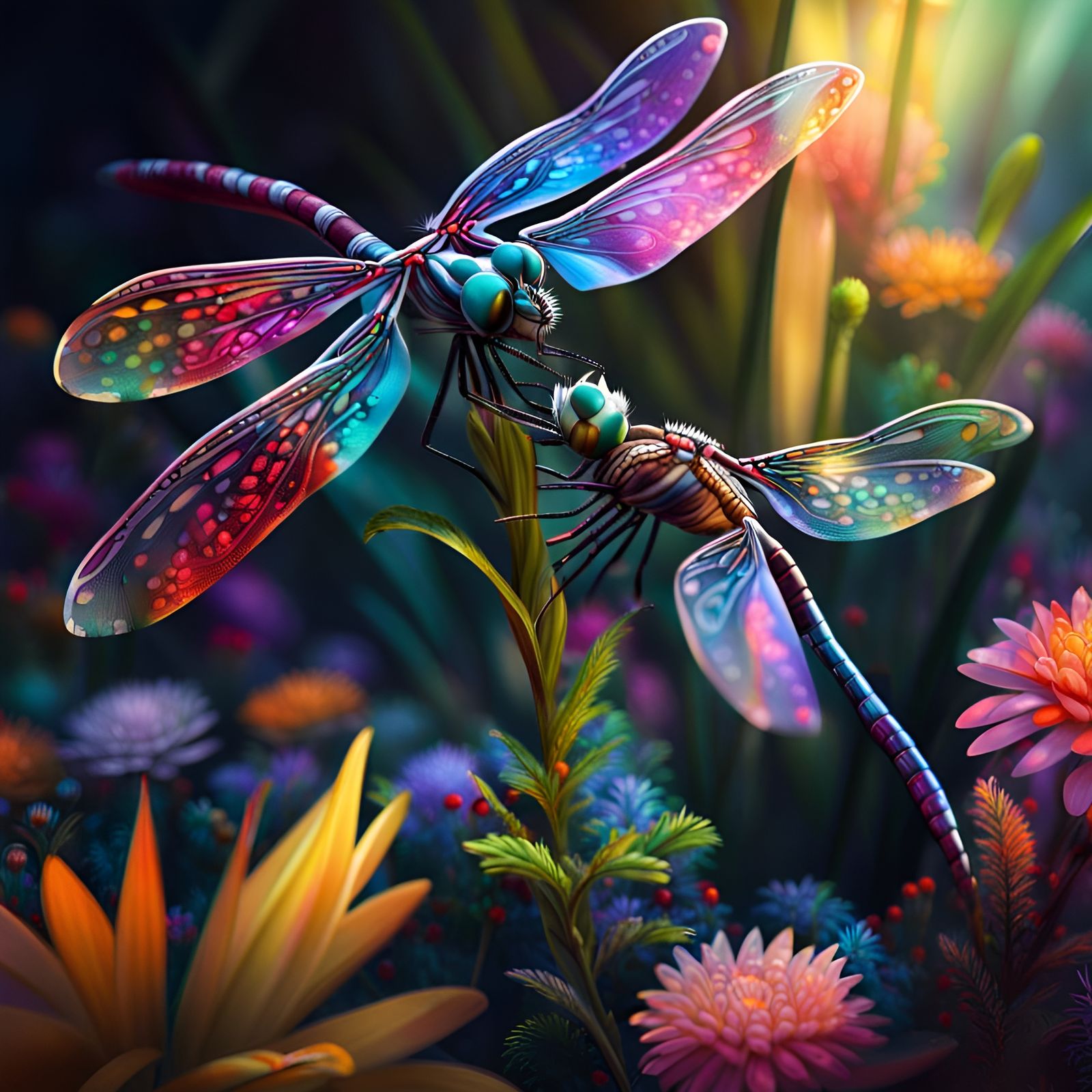 Mating Multicolor Dragonflies in Magical Flower Garden
