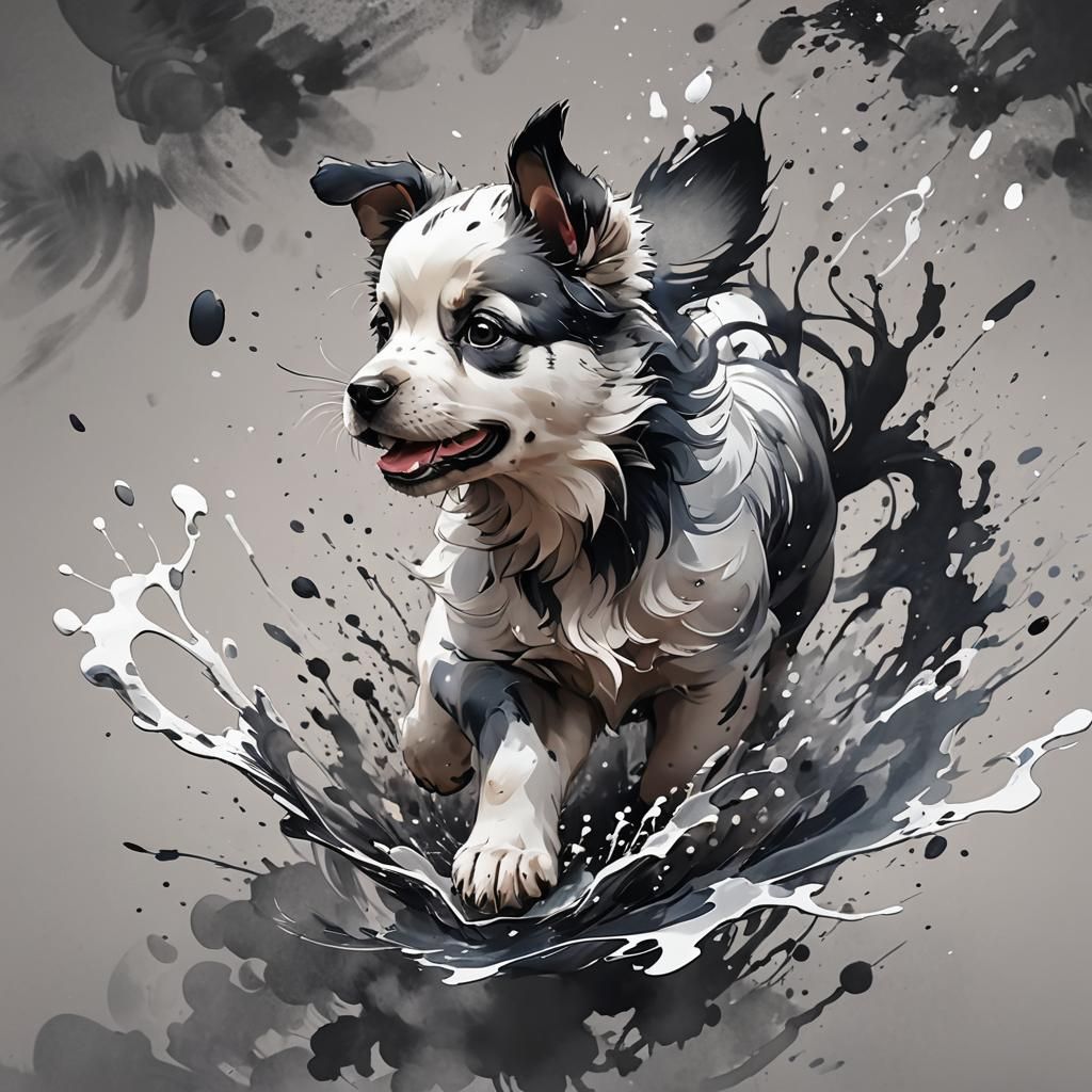 Puppy in Chinese Ink Painting Style