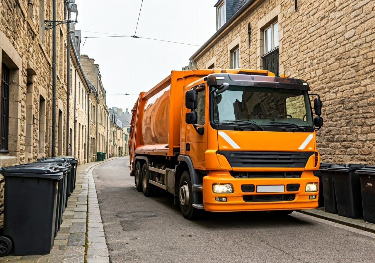 Orange Garbage Truck on Quaint European Street