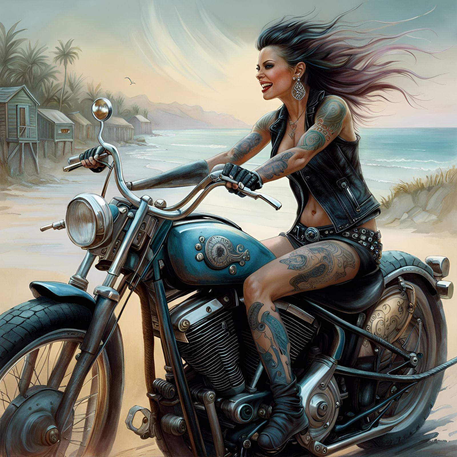 Tattooed Biker Girl on Coastal Road, Digital Art