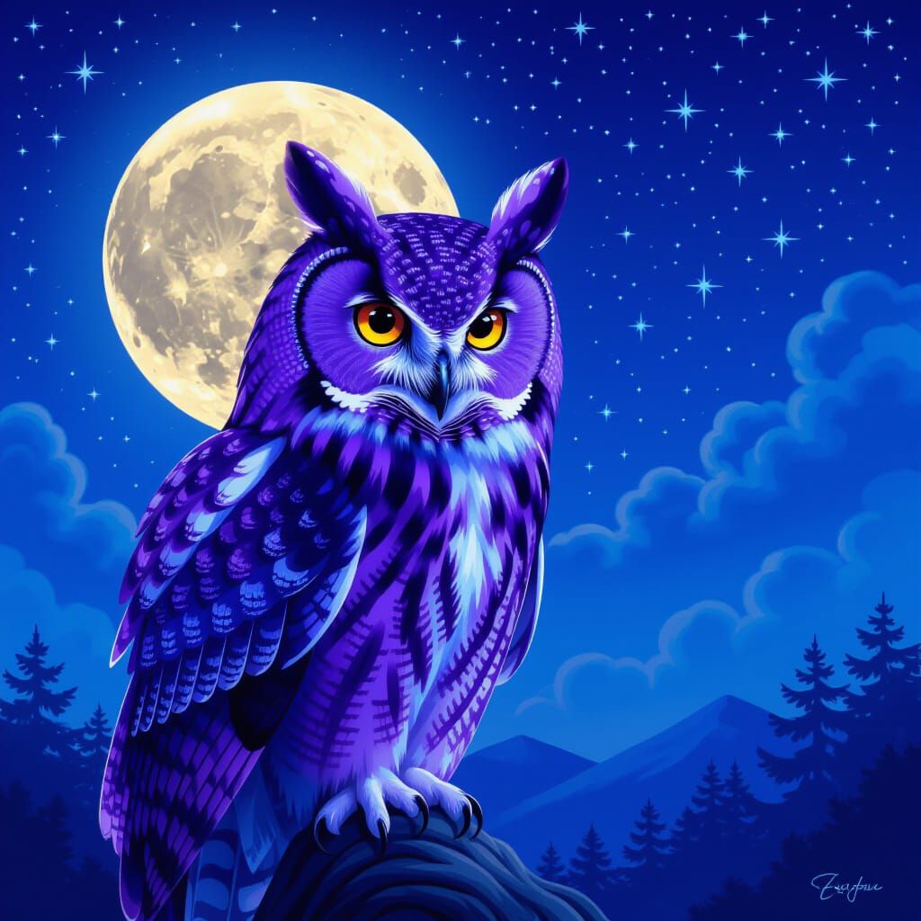 Purple Owl Under Starry Night Sky with Large Moon