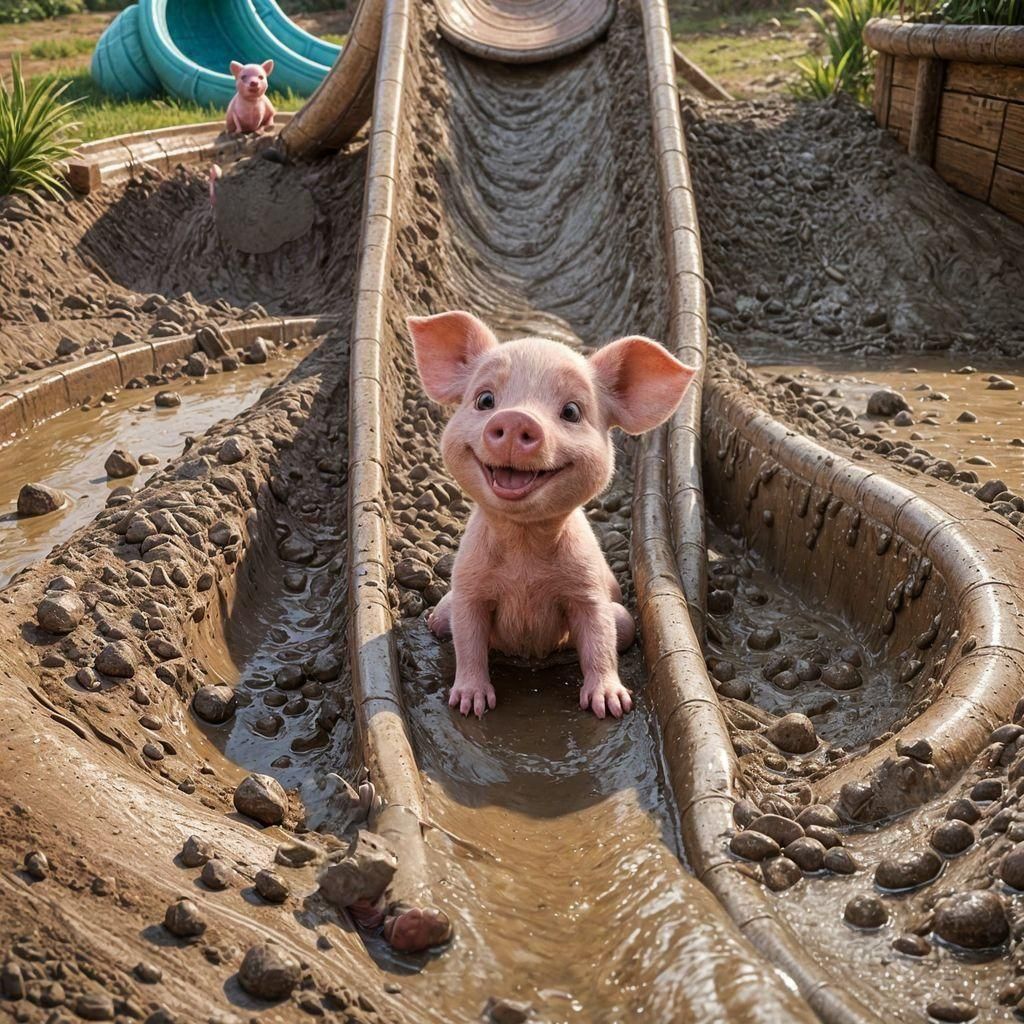Delightful Piglet's Muddy Slide: 3D Digital Art