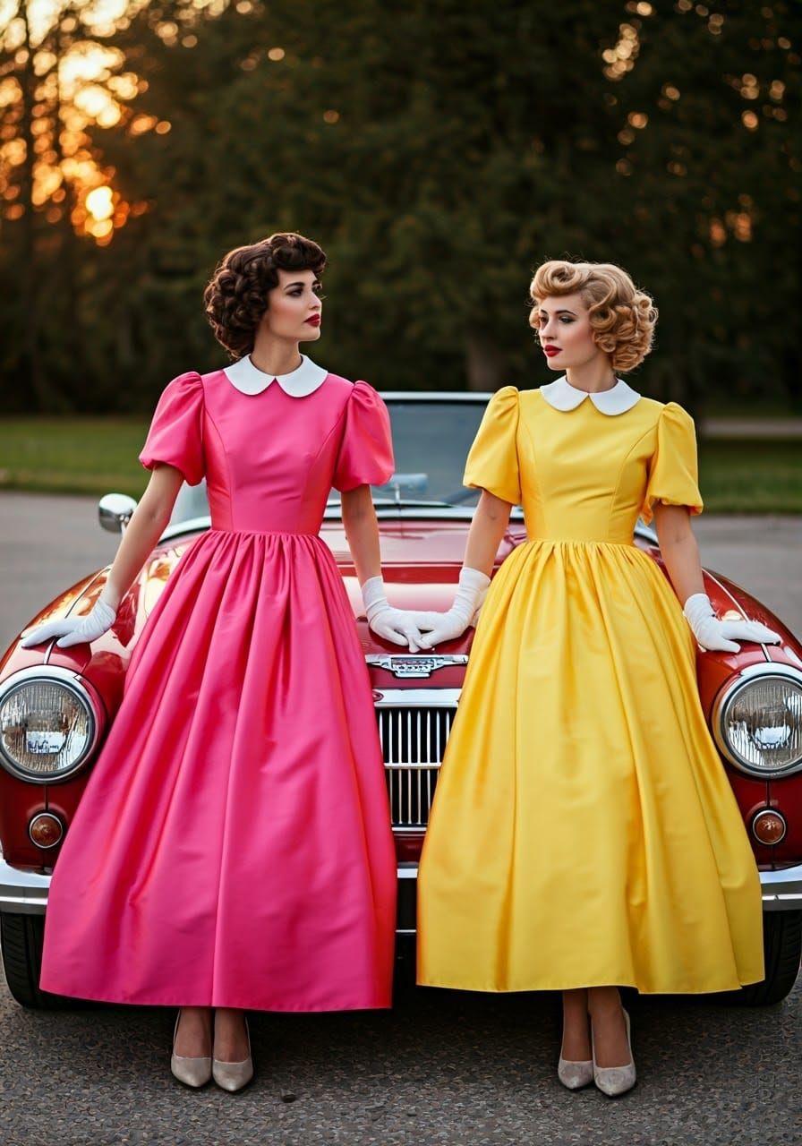 Vintage Glamour: Women in Ballgowns with Red Austin Healey