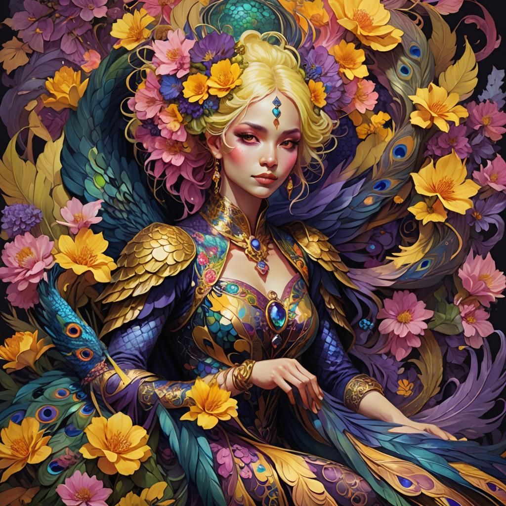 Dragon Peacock Woman: Dark Fantasy Digital Art