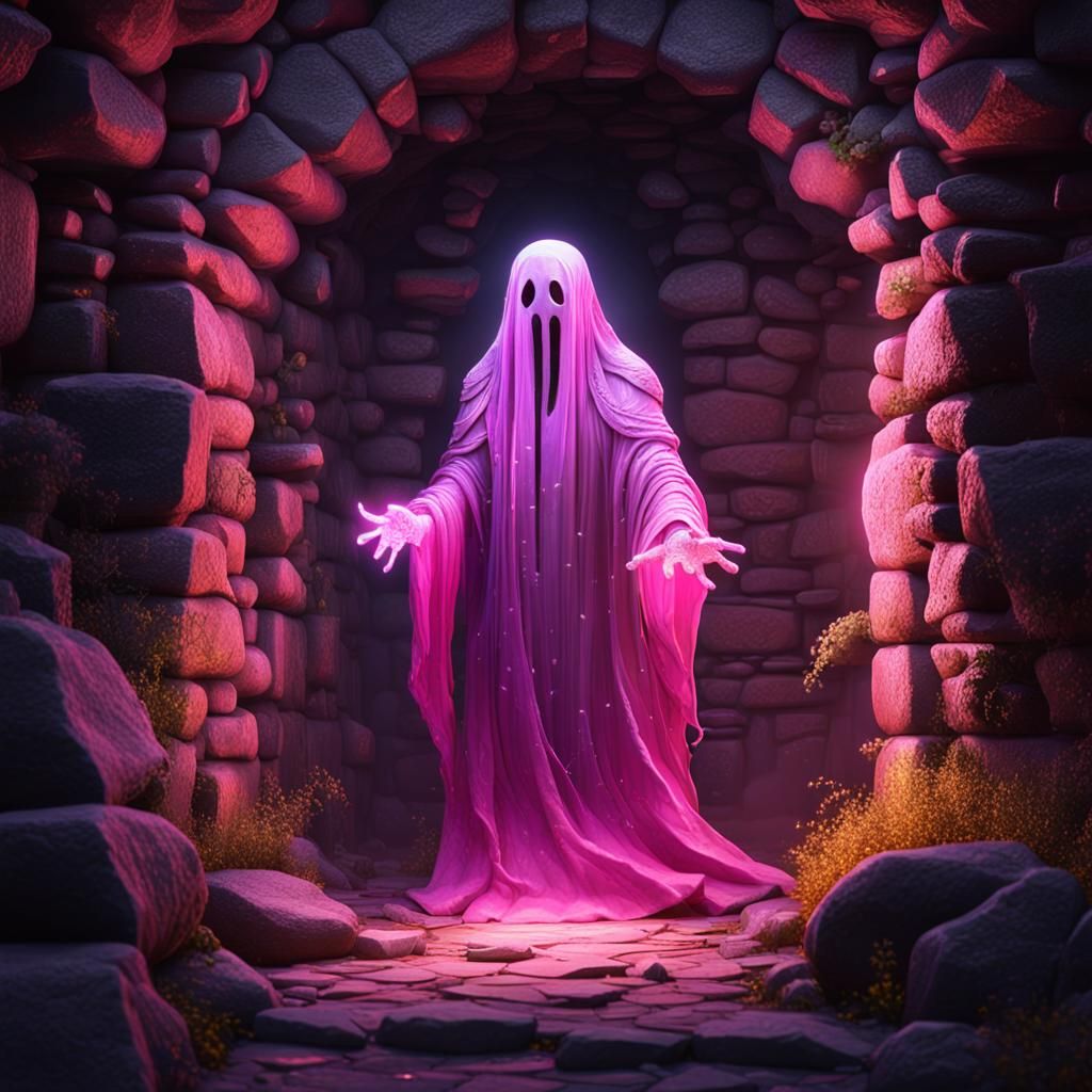 Pink Ghost Passes Through Stone Wall: Dark Fantasy Art