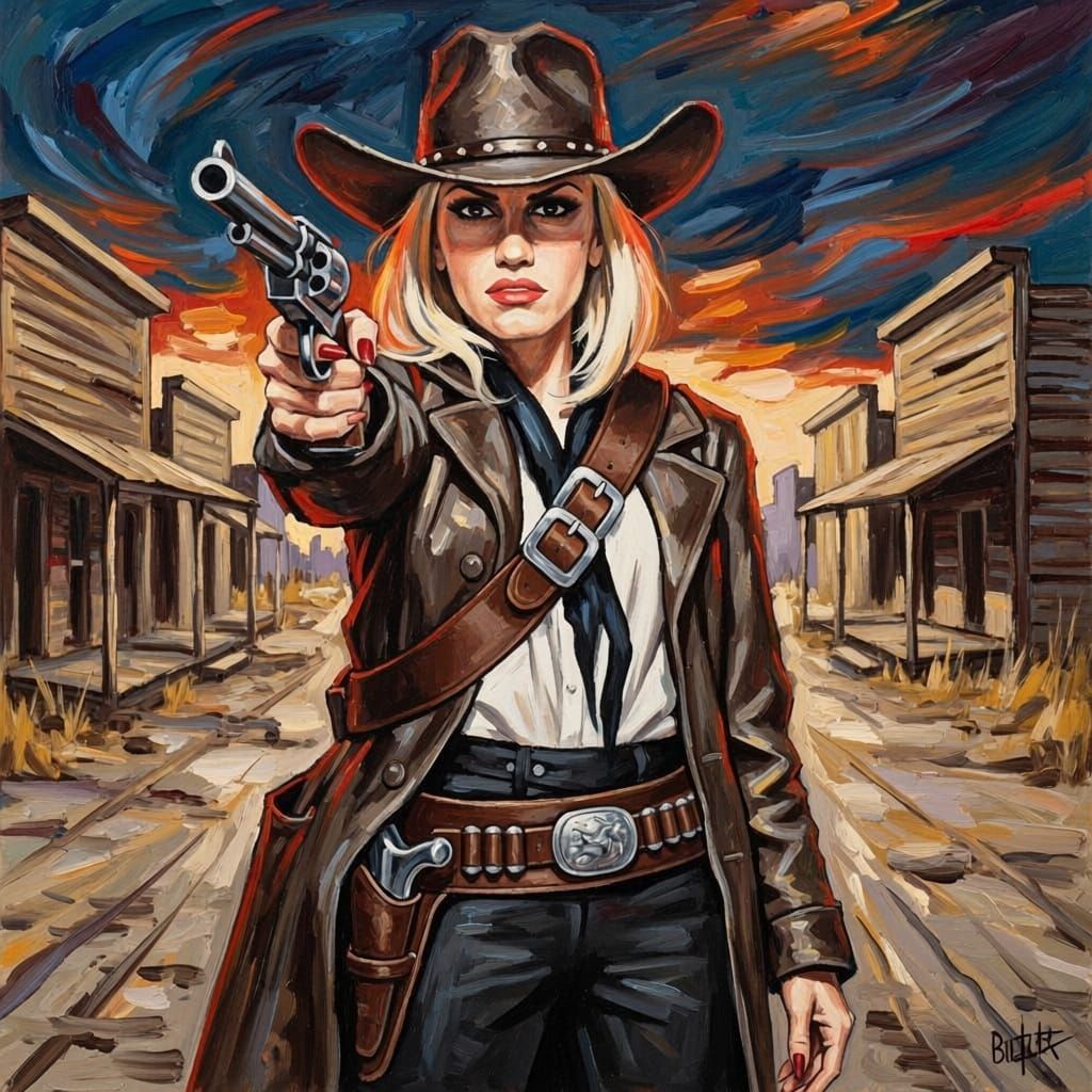 Gwen Stefani as Old West Gunfighter in Expressionist Oil Pai...