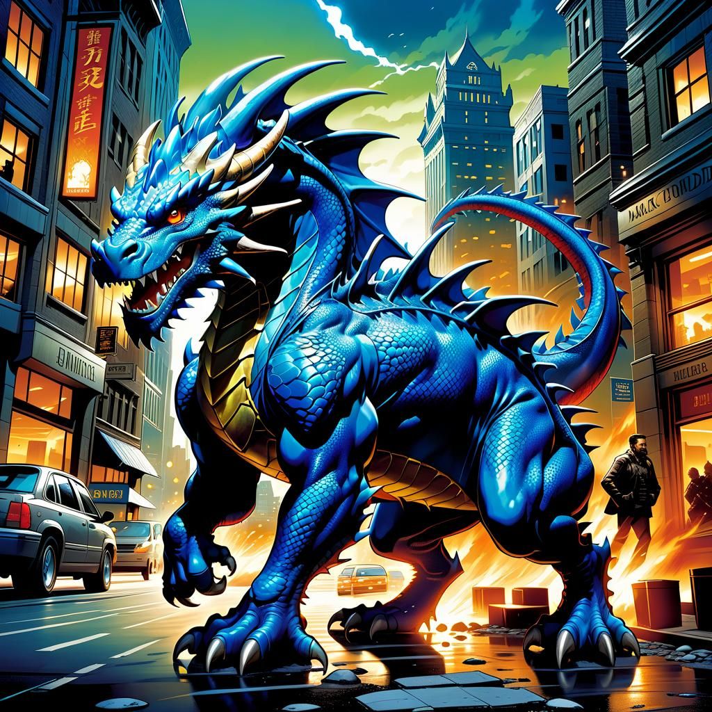 Blue Dragon Roams City in Comic Book Art Style