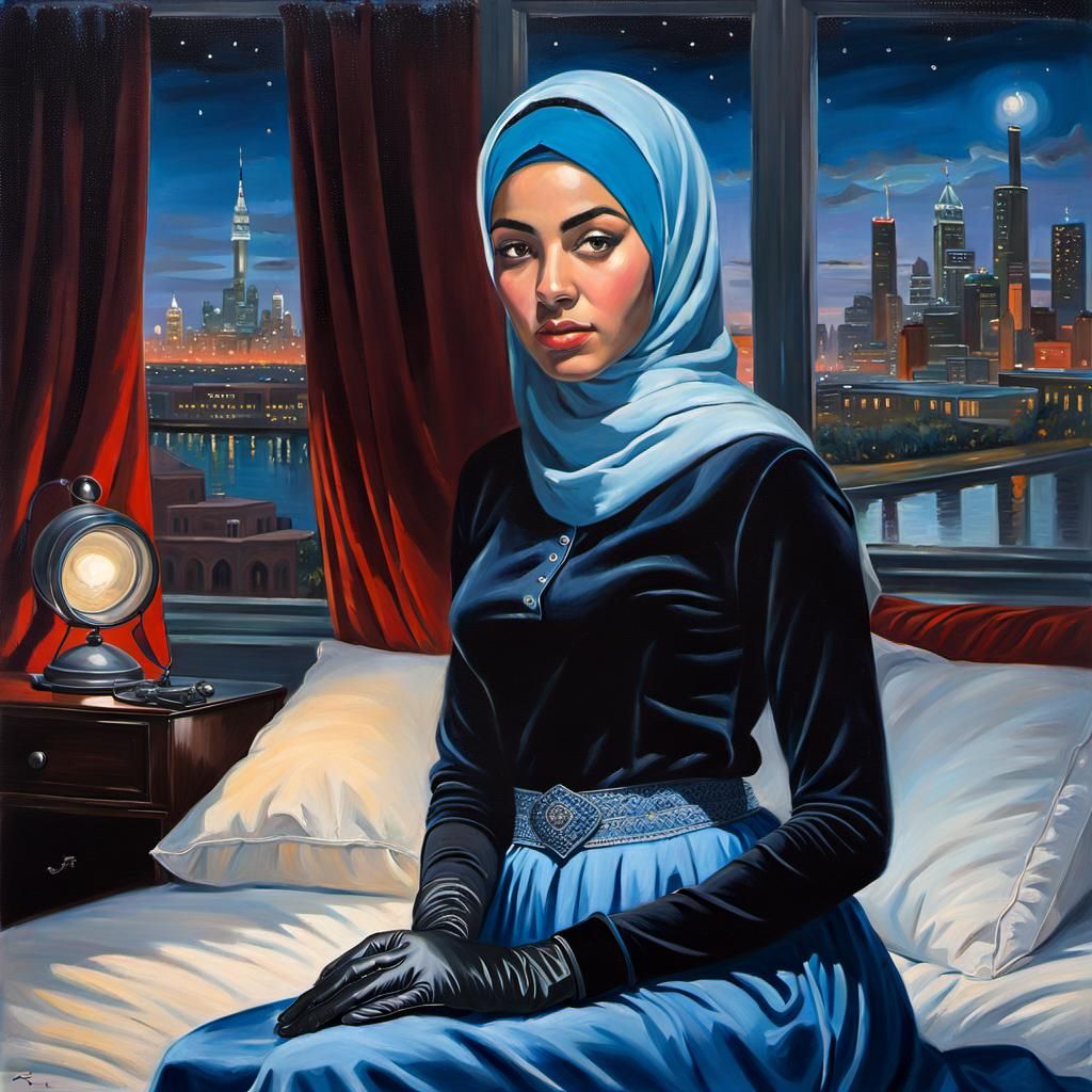 Girl in Hijab Overlooking Detroit, Oil Painting