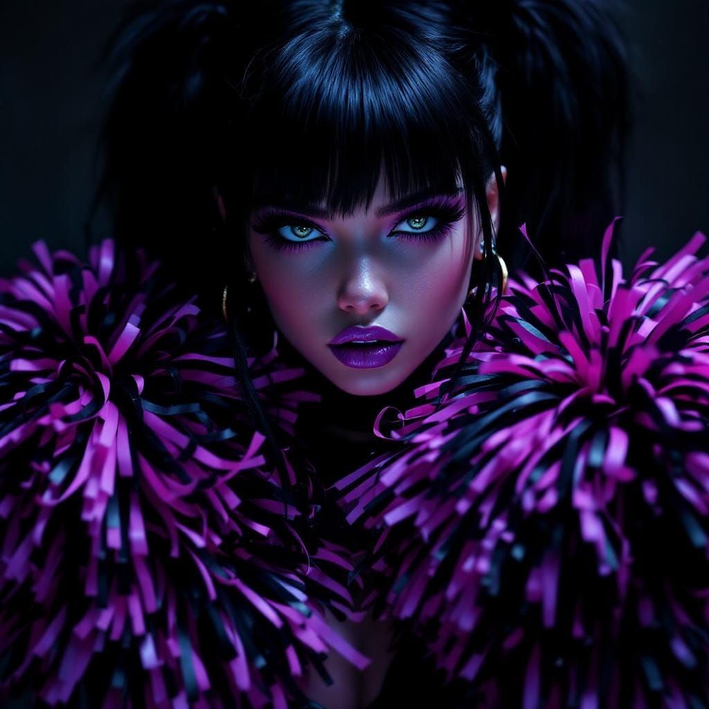 Goth-Punk Cheerleader with Pom Poms in Digital Art Style