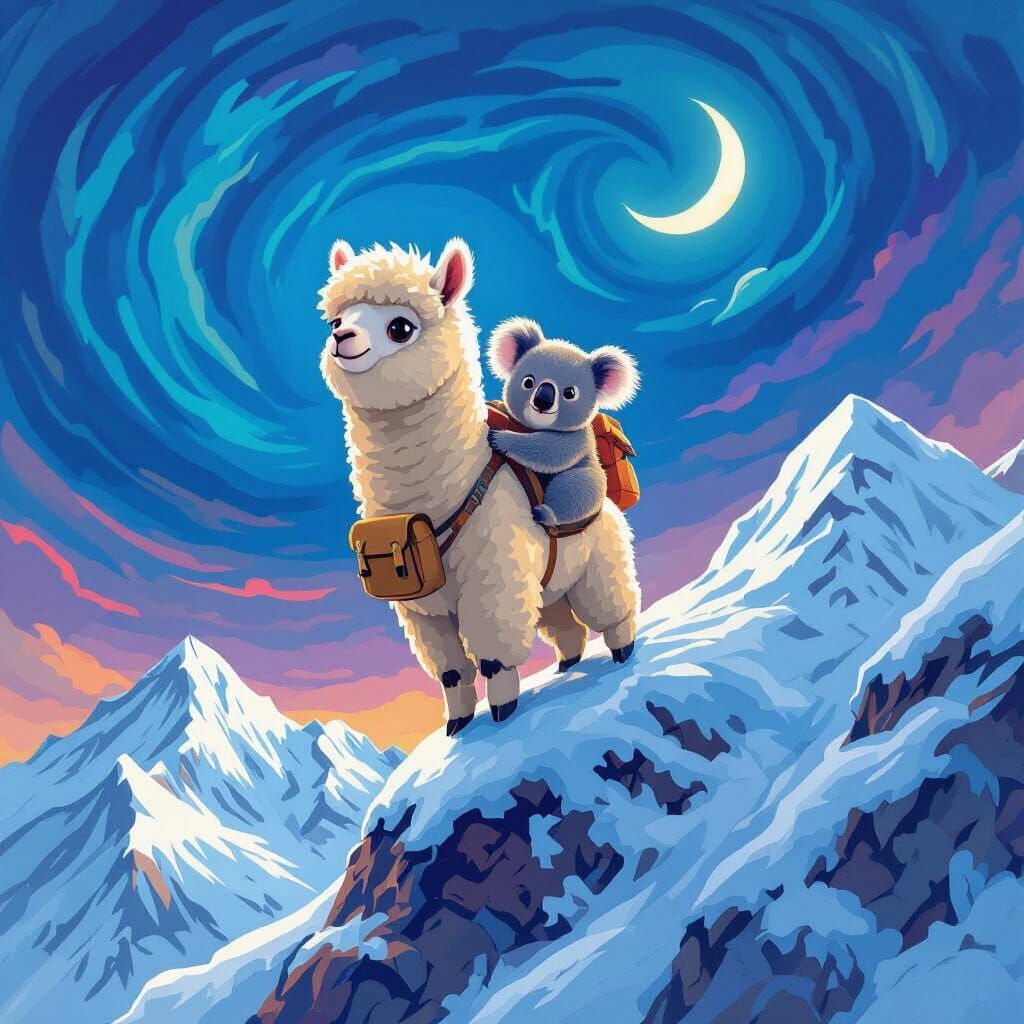 Alpaca Climbs Snowy Peak with Koala Passenger