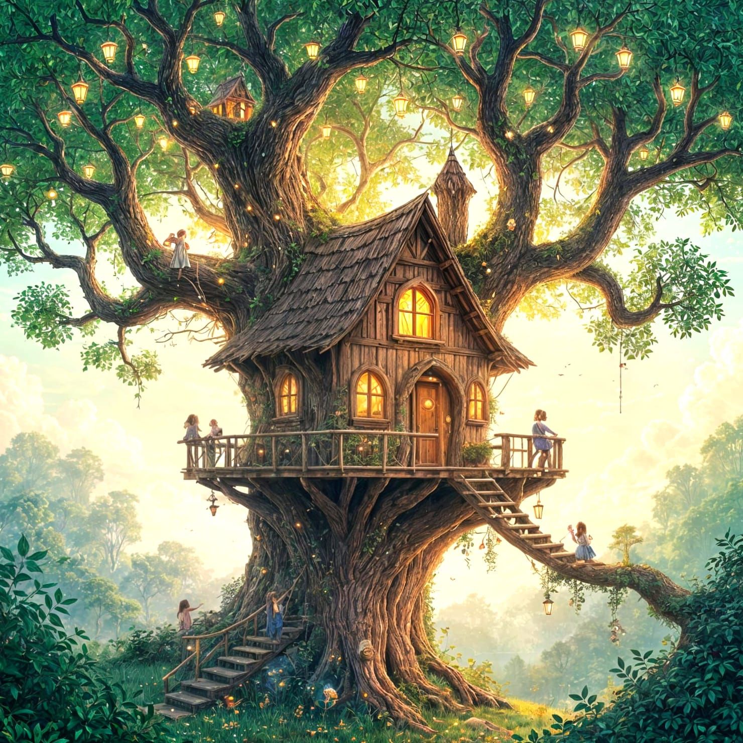 Whimsical Treehouse with Sprites in Ethereal Light
