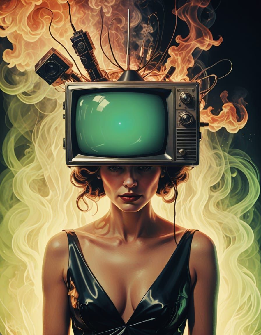 Surreal Film Noir Portrait: TV Head in Neon