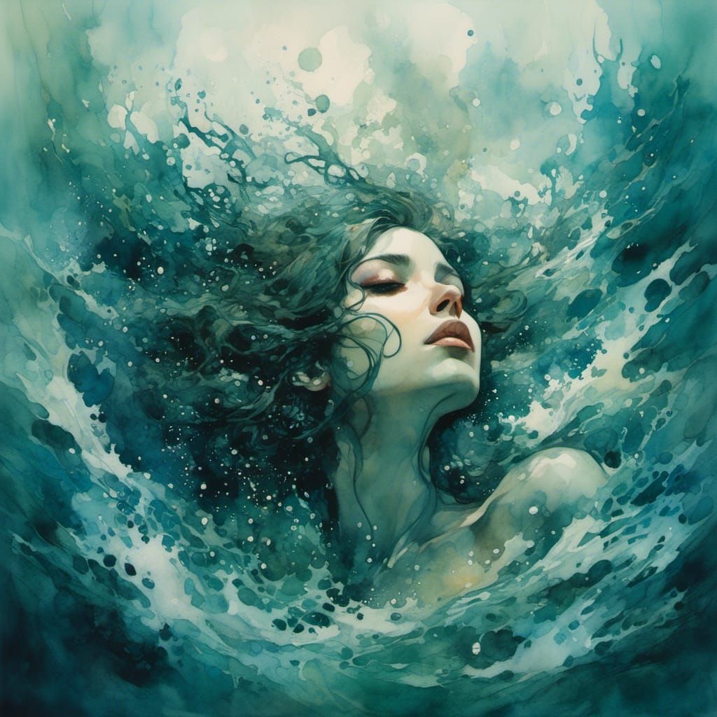 Drowning Woman Watercolor Art in Blue and Green