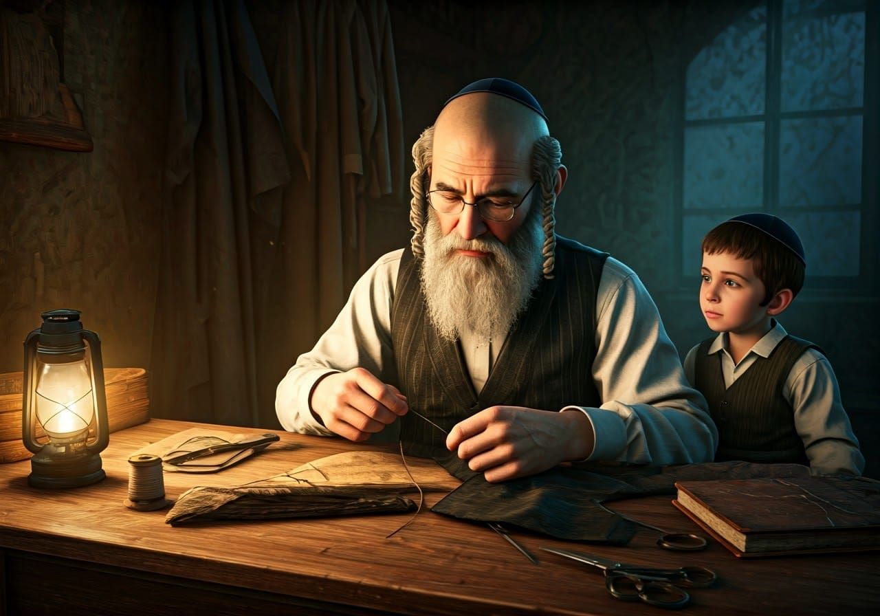 Hasidic Tailor Mending Garment by Kerosene Light