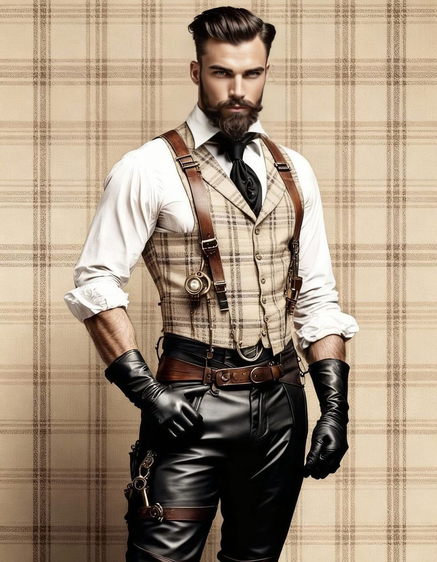 Steampunk Man in Leather Gloves and Suspenders