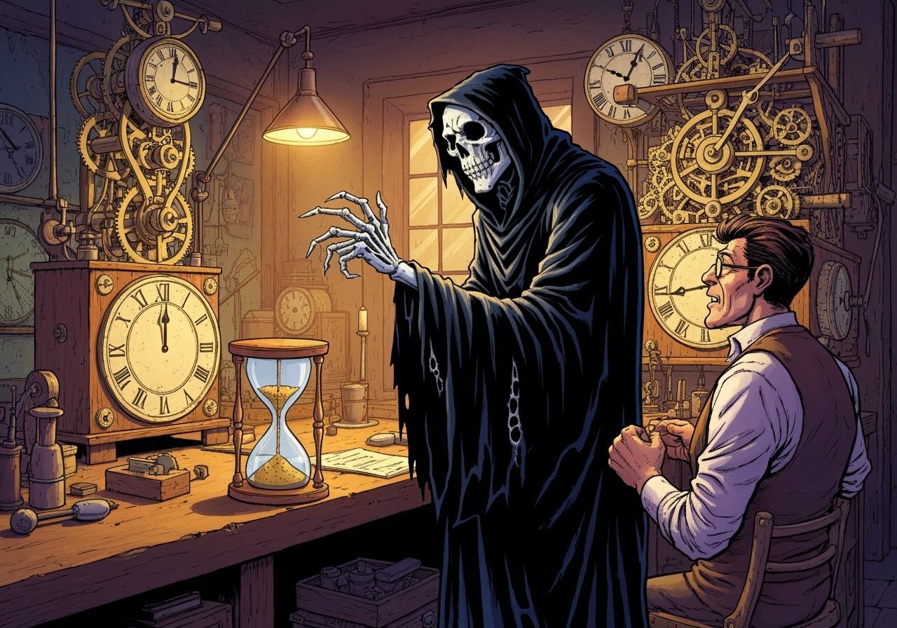 Grim Reaper Visits Victorian Clockmaker in 80s Cartoon Style