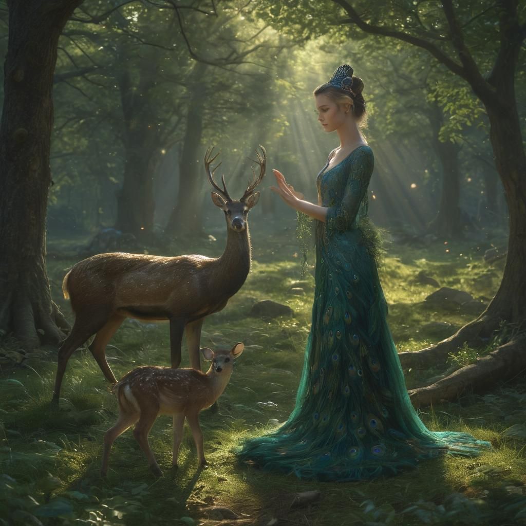 Enchanted Peacock Heals Wounded Deer in a Whimsical Forest G...