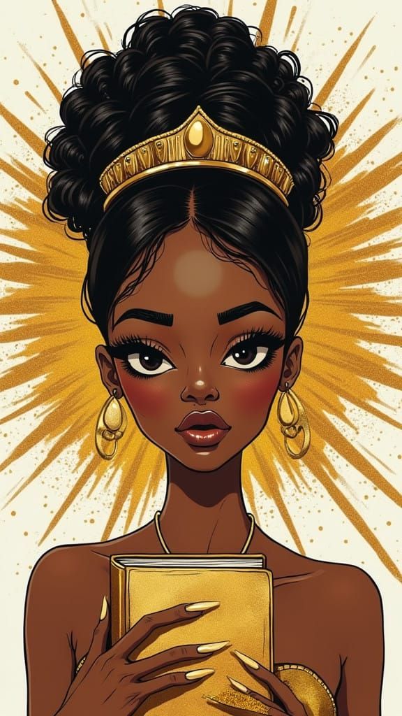 Elegant Afrocentric Queen with Golden Crown and Regal Attire