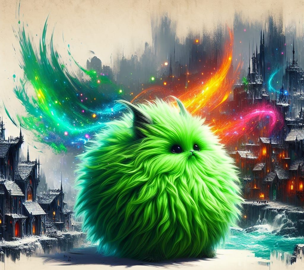 Neon Flufferpuff in a Fantasy City: Matte Painting