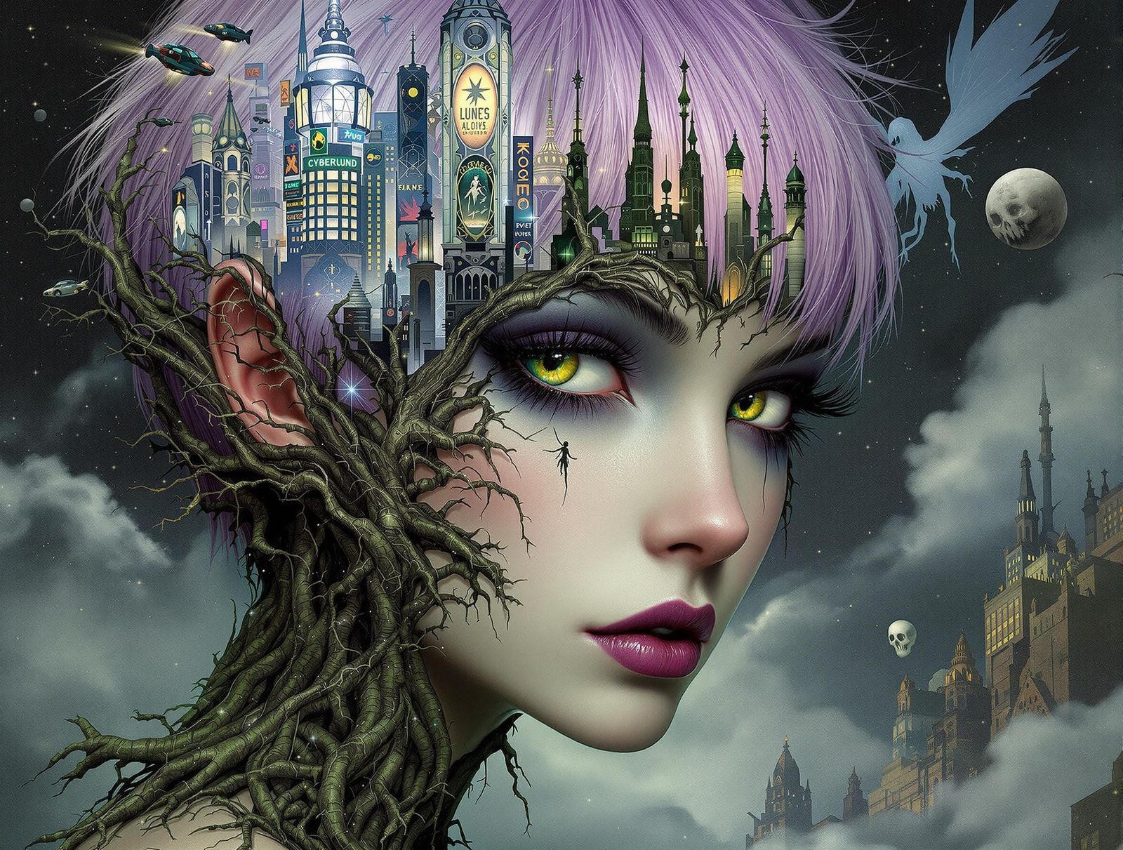 Gothic Fairy in Cyberpunk Metropolis: Art Nouveau Style