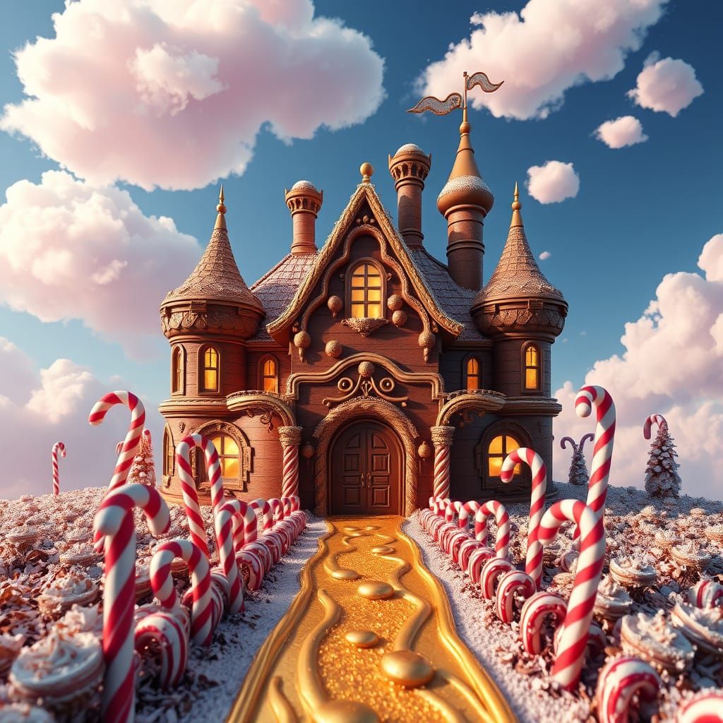 Majestic Chocolate House with Candy Cane Border and Melted É...