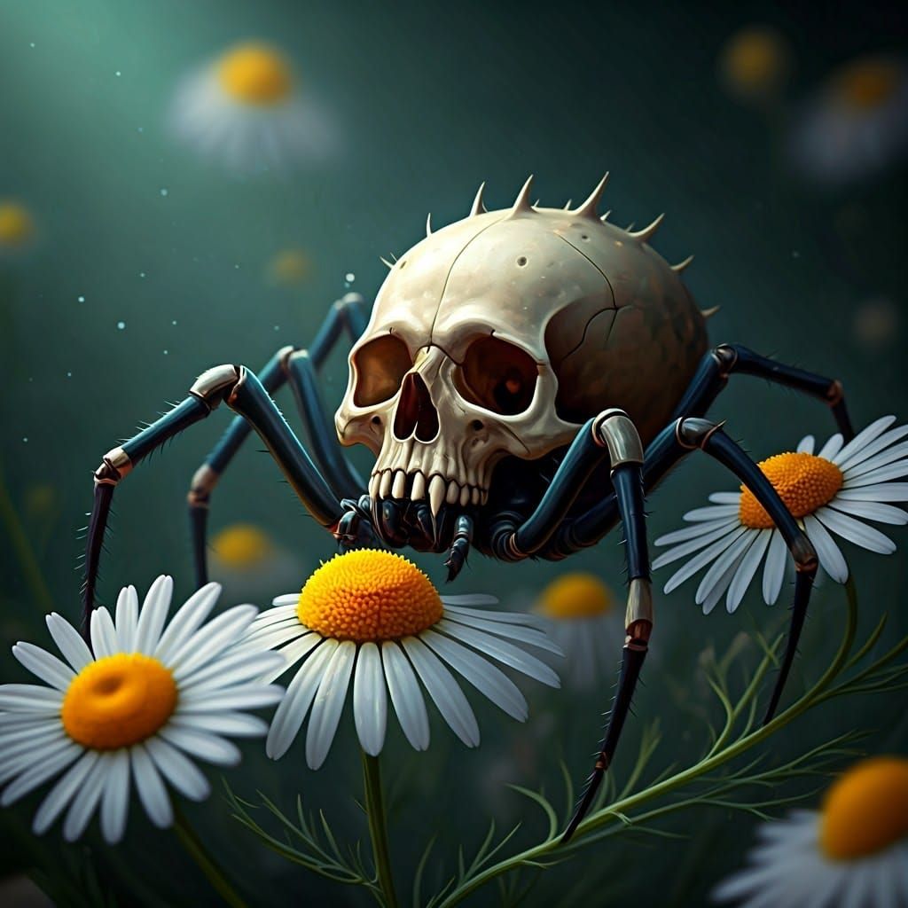 Bioluminescent Spider in Ethereal Chamomile Landscape