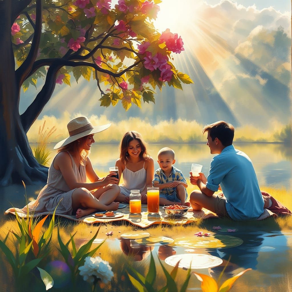 Picnic Scene with Vibrant Gouache Colors and Impasto Texture...