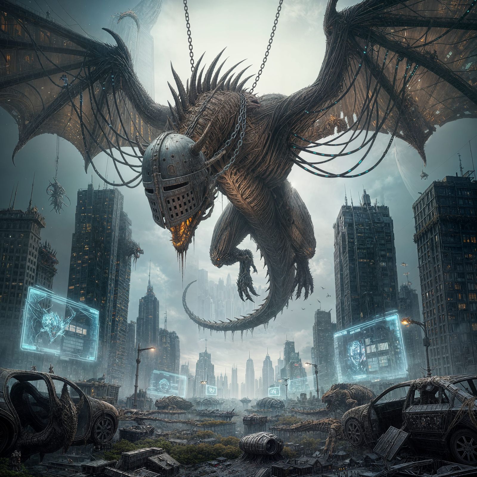 Grotesque Cybernetic Dragon Over Decaying City