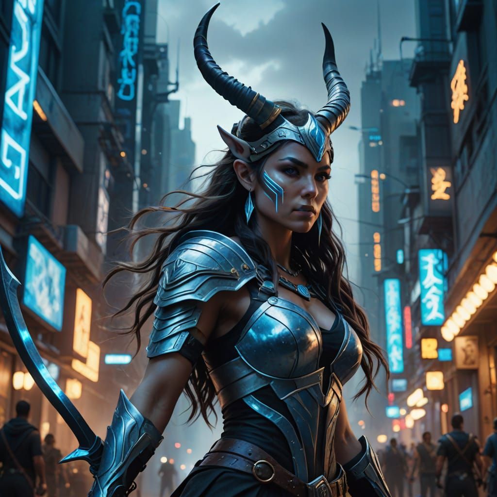 Warrior Goddess Archer in Futuristic Cityscape