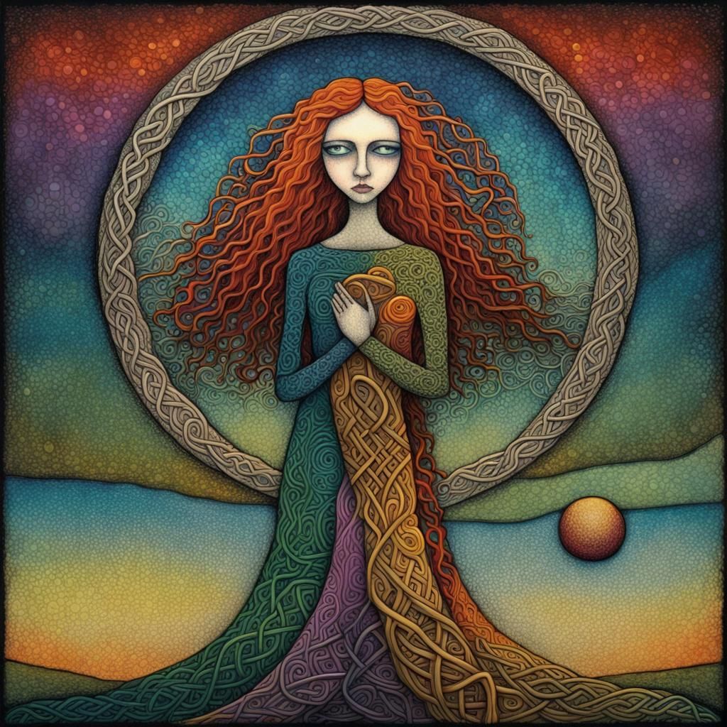 Abstract Celtic Mother Portrait in Pointillism Style