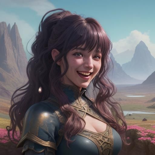 Laughing Woman in Fantasy Landscape: Detailed Digital Art
