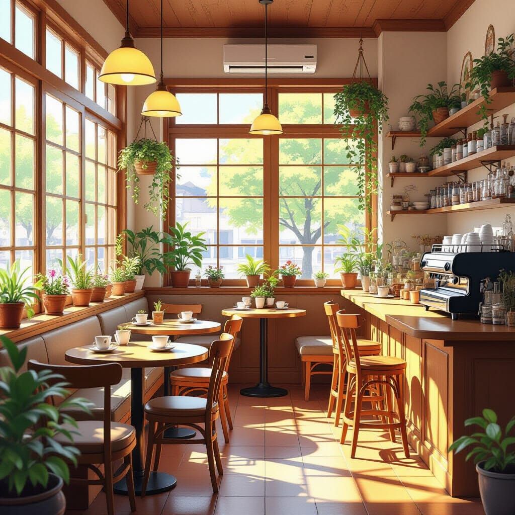 Ghibli-Inspired Cafe Interior: Sunlight, Plants, and Whimsic...