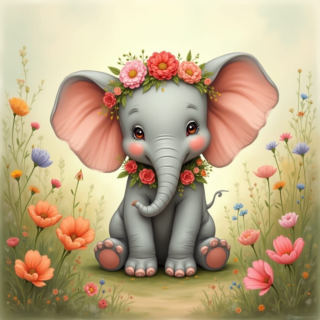 Charming Elephant with Flowers in Storybook Style