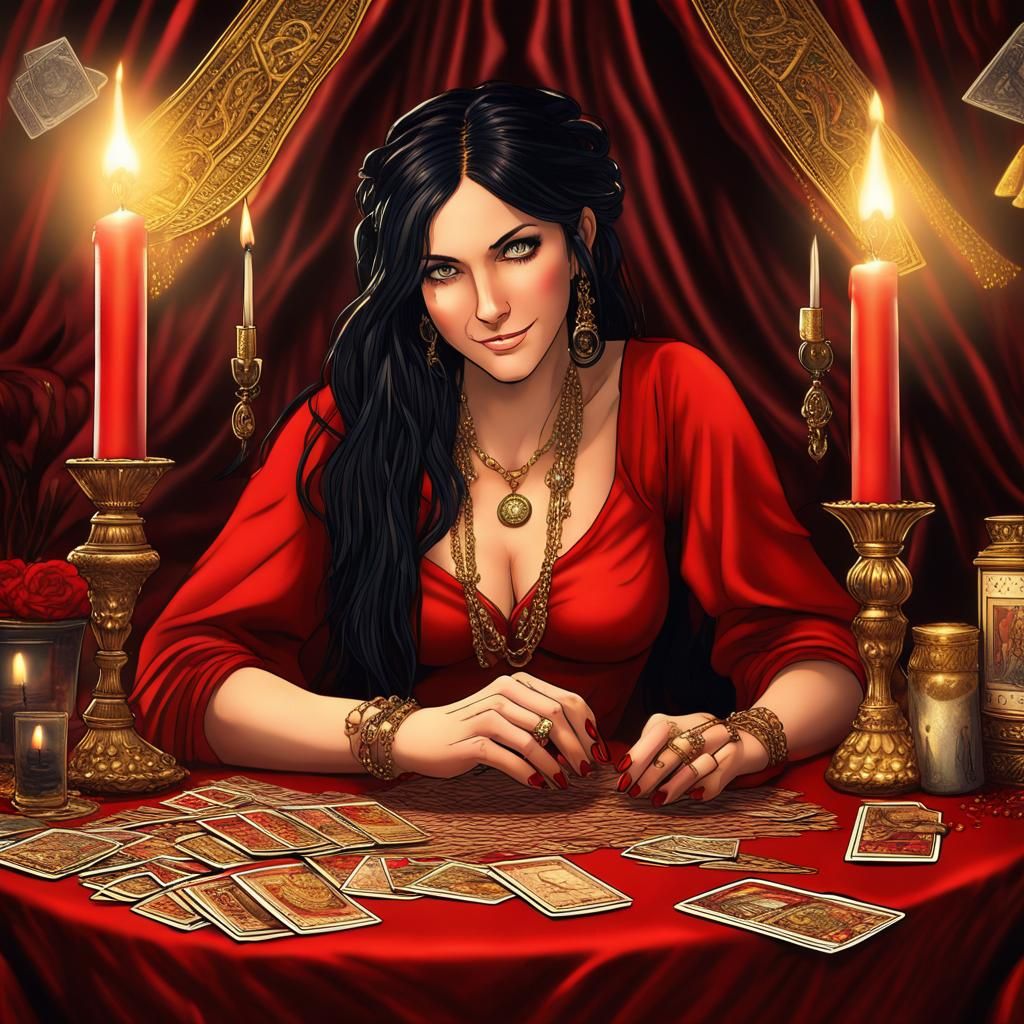 Anime Gypsy Woman Reads Tarot in Candlelight