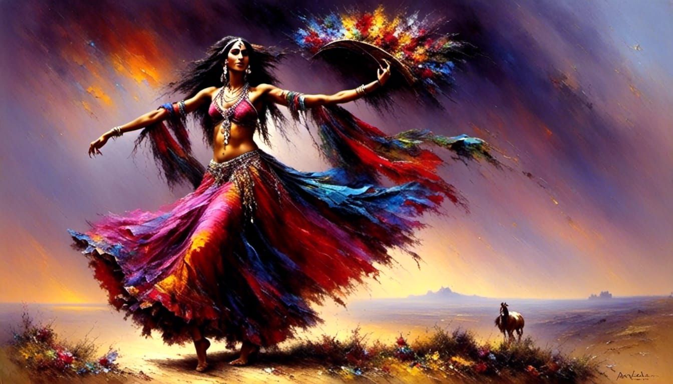 Lone Gypsy Dancer with Wagon, Folk Art Style