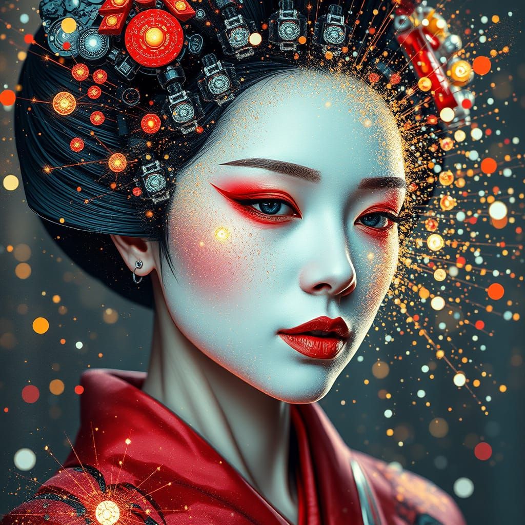 Cybernetic Geisha Portrait with Digital Destructuration Effe...