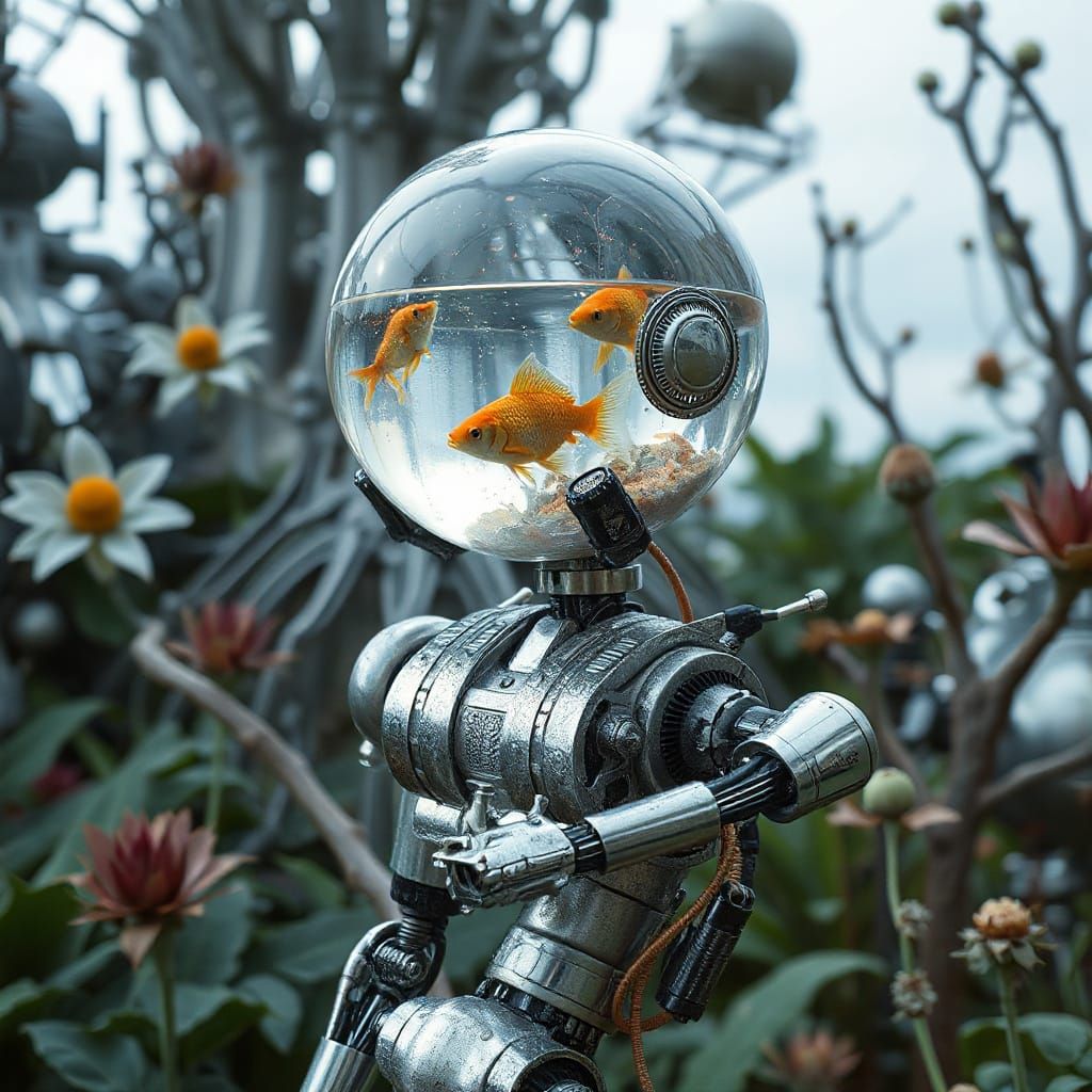 Futuristic Robot with Aquatic Head in Ethereal Garden