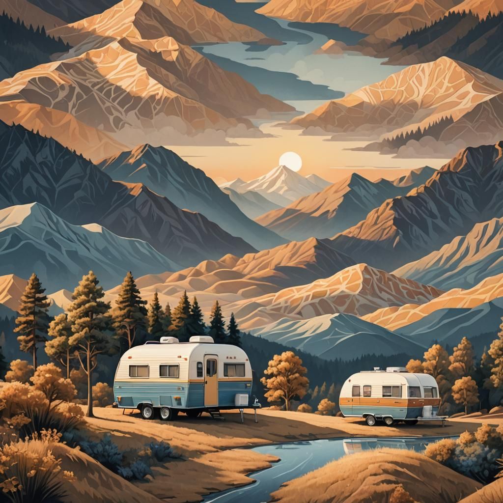 Whimsical Camper by Mountains in Golden Light