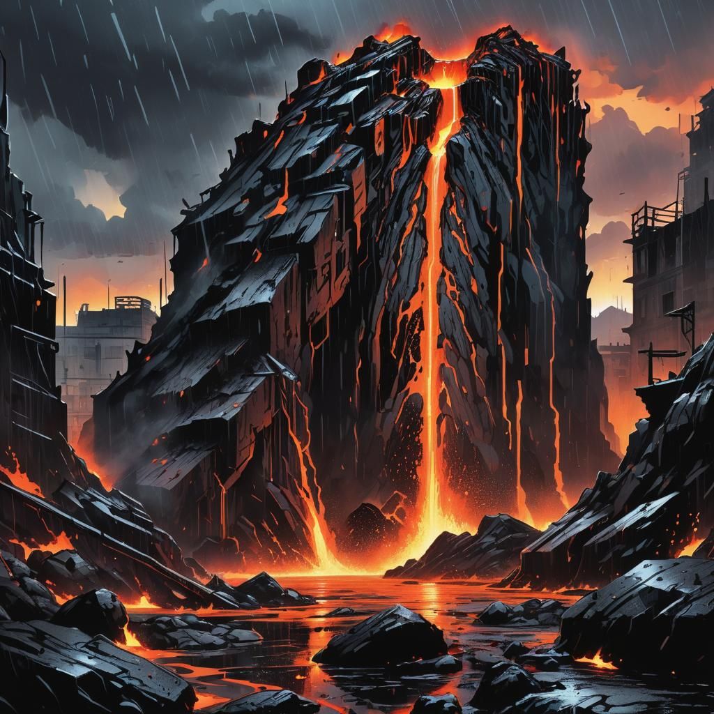 Lava Rains on Ruined City: Comic Book Art