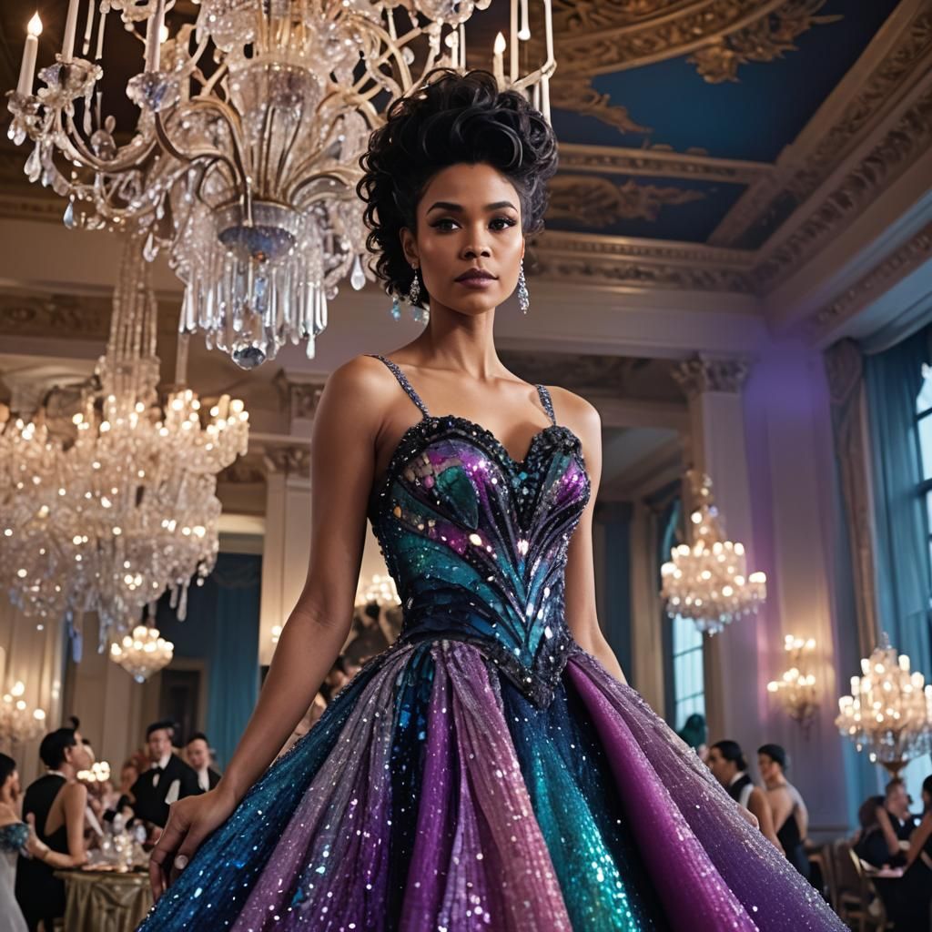 Woman in Sequined Gown in Grand Ballroom