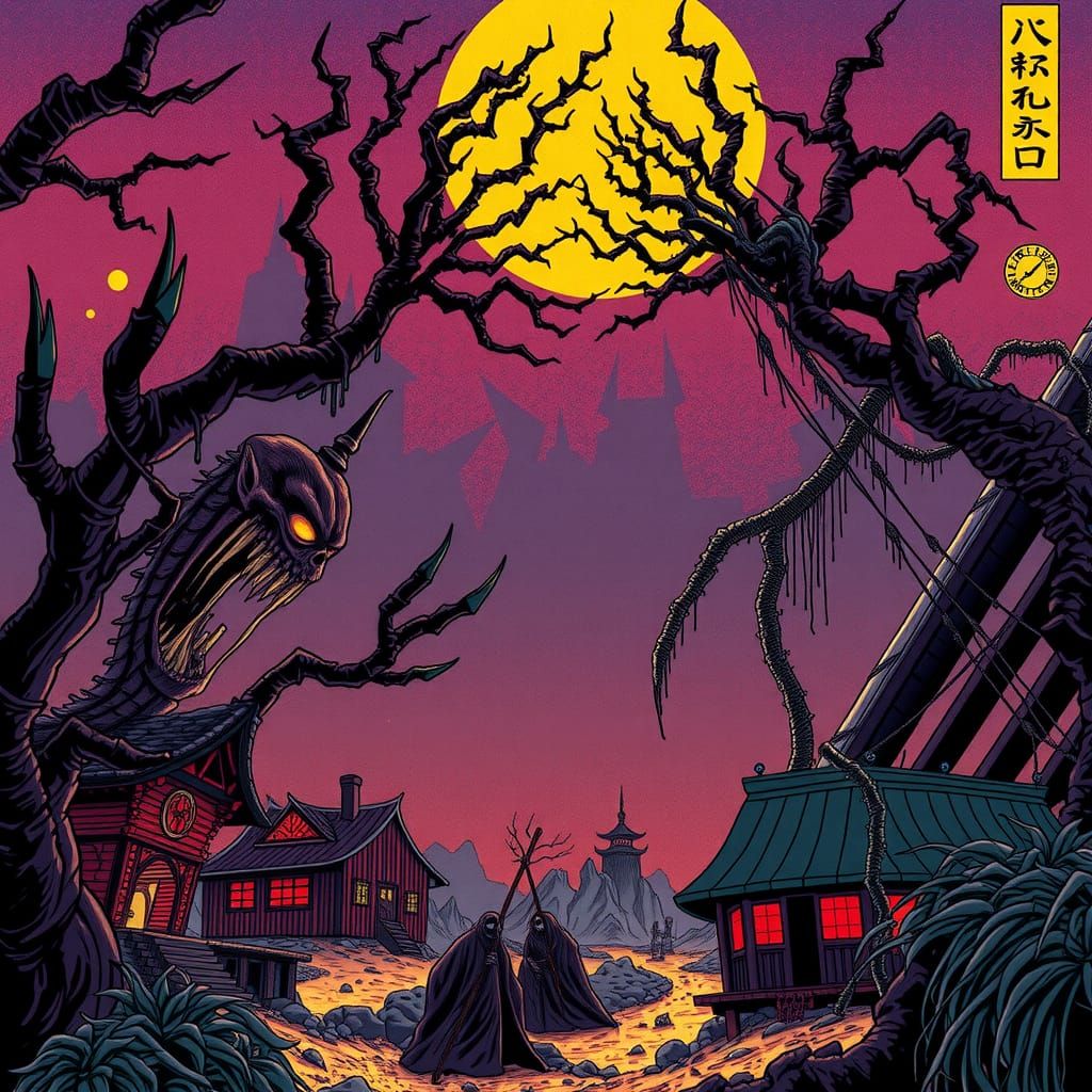 Dystopian Japanese Hellscape in Ukiyo-e Style